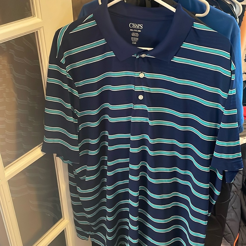 EUC Chaps Men's Performance Short Sleeve Navy Blue Stripe Golf Polo Shirt XXL